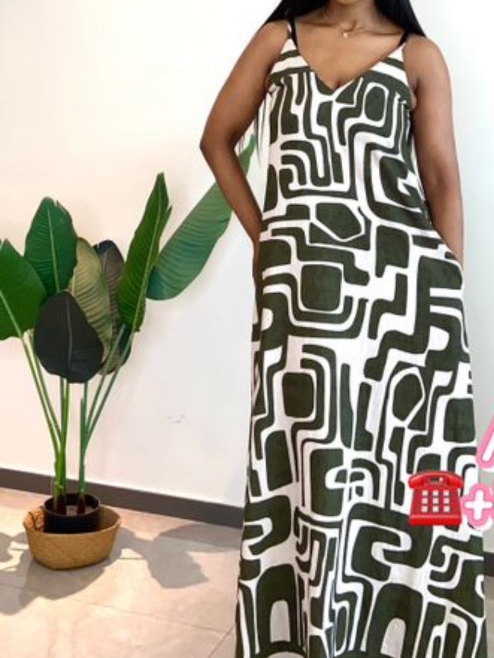 Olive Green & White Geometric V-Neck Maxi Dress